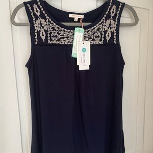 Navy Blue Embroidered Sleeveless Top by Skies Are Blue